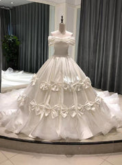 White Tulle Satin Off the Shoulder Wedding Dress