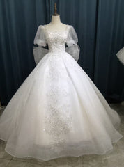 White Tulle Sequins Puff Sleeve Wedding Dress With Bow