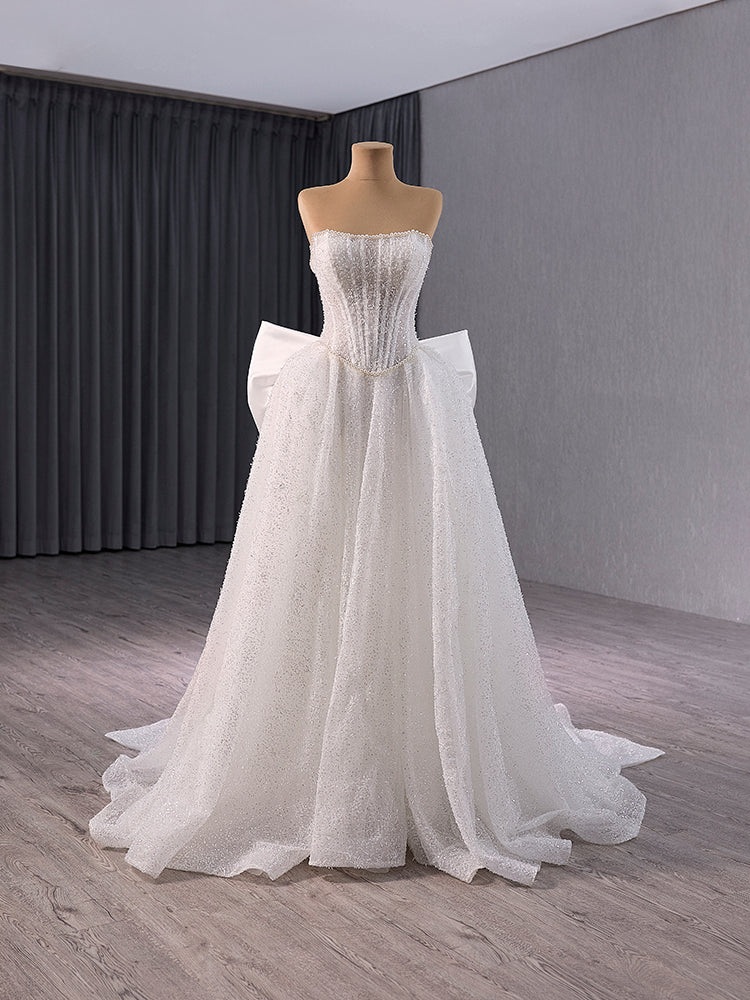 White Tulle Sequins Strapless Bow Wedding Dress