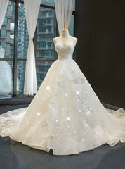 White Tulle Sequins Sweetheart Pleats Wedding Dress With Train