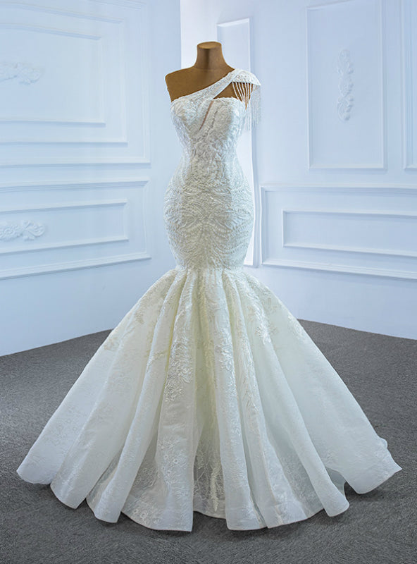 With 1000s Of White Mermaid Tulle Appliques One Shoulder Cap Sleeve Beading Wedding Dress