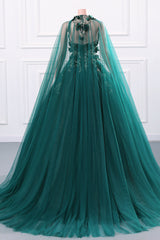 Women's Beaded Applique Tulle Emerald Green Prom Ball Gowns Quinceanera Dress A-Line Wedding Bridesmaid Eveniing Dresses