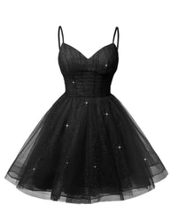 Women's V Neck Tulle Spaghetti Straps Black Homecoming Dresses with Corset Back Short Prom Gowns for Teens