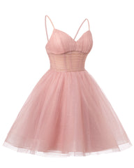 Women's V Neck Tulle Spaghetti Straps Blush Pink Homecoming Dresses with Corset Back Short Prom Gowns for Teens