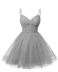 Women's V Neck Tulle Spaghetti Straps Silver Gray Homecoming Dresses with Corset Back Short Prom Gowns for Teens