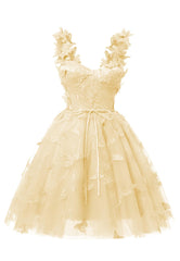 Yellow 3D Butterfly Lace Applique Tulle Homecoming Dress for Teens Sweetheart Mini Short Prom Dresses