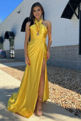 Yellow Halter Satin Mermaid Long Prom Dress With Slit