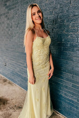 Yellow Lace-Up Mermaid Prom Dress with Appliques