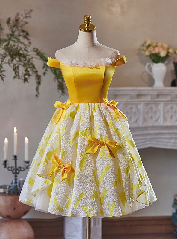 Yellow Off the Shoulder Bow Homecoming Dress