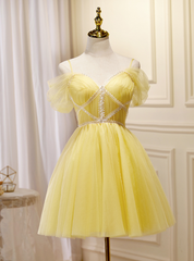 Yellow Tulle Off the Shoulder Pleats Homecoming Dress