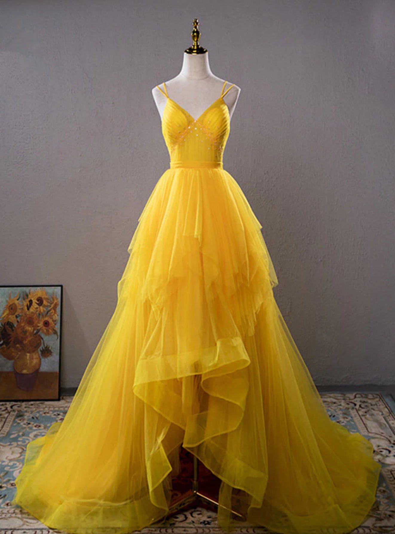 Yellow Tulle Spaghetti Straps Pleats Beading Prom Dress