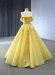 Yellow Tullle Strapless Pleats Beading Prom Dress