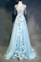 Modest Square Neckline Beading Appliques Sky Blue Long Prom Dresses Pageant Gown