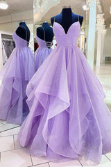 Purple A-Line Tulle Long Prom Dresses, Purple Party Evening Gowns