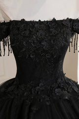 Black Tulle Lace Off the Shoulder Prom Dress, Black A-Line Evening Dress