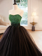 Black Strapless Tulle Long Prom Dress with Green Beaded, A-Line Formal Dress