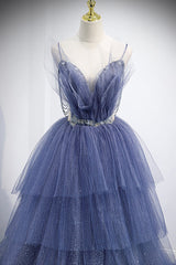 Blue Layers Tulle Long Prom Dresses, A-Line Spaghetti Straps Evening Dresses