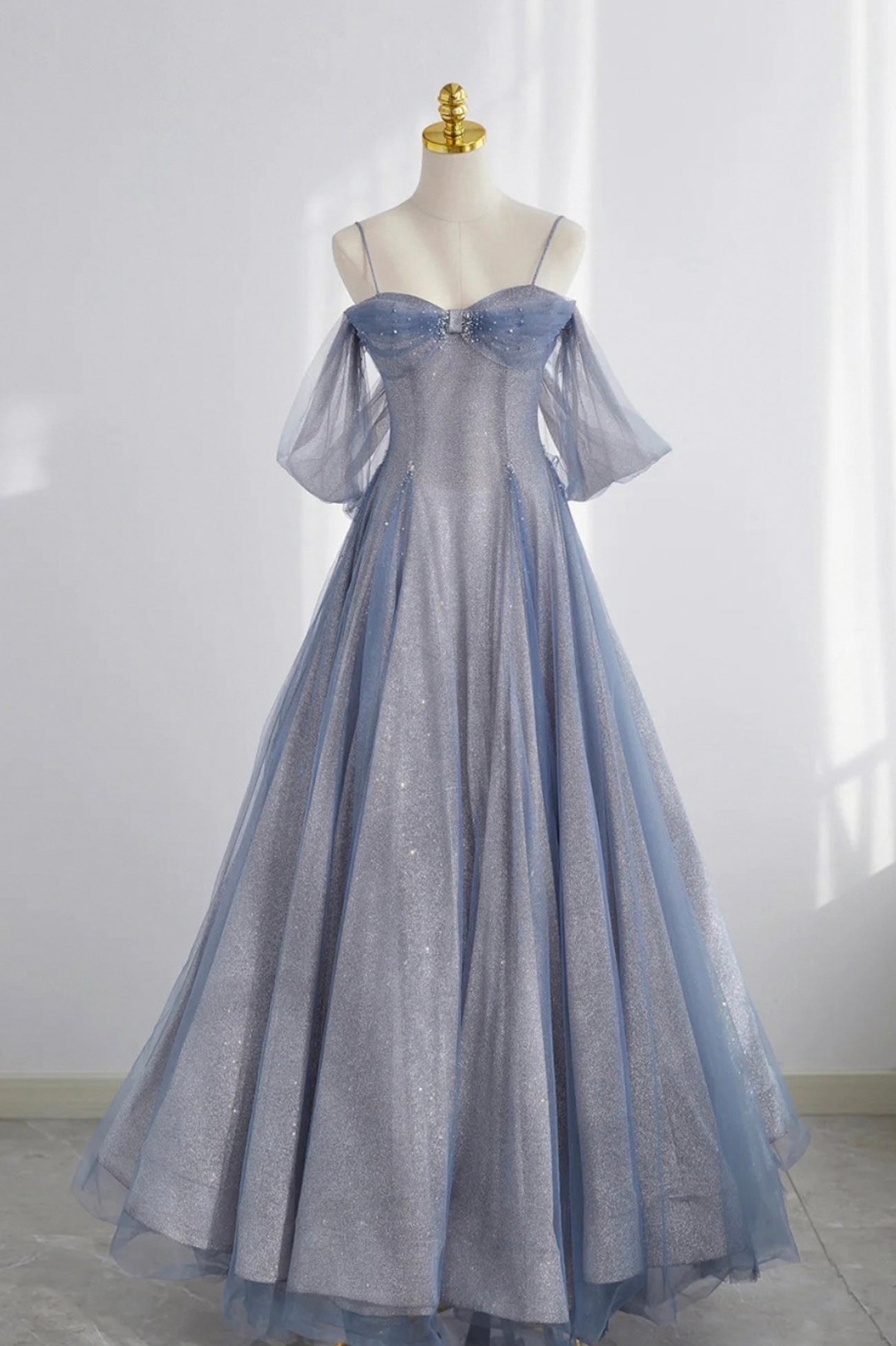 Blue Spaghetti Strap Tulle Long Prom Dress, A-Line Formal Dress
