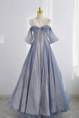 Blue Spaghetti Strap Tulle Long Prom Dress, A-Line Formal Dress