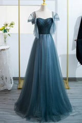 Blue Tulle Long A-Line Prom Dress, Lovely Blue Evening Party Dress