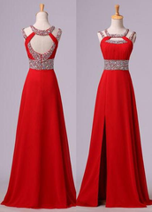 2024 Gorgeous Red Beading Open Back Chiffon Prom Dresses