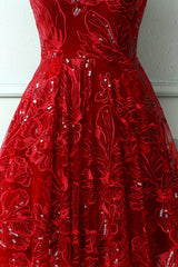 Burgundy Lace V-Neck Short Prom Dress, A-Line Irregular Hem Party Dress