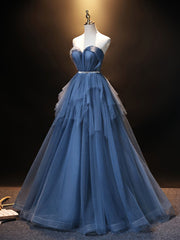 Blue Sweetheart Neck Tulle Long Prom Dress, Blue Evening Dress