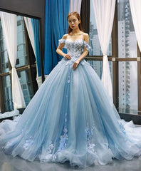 Blue Off Shoulder Tulle Lace Long Prom Gown Blue Evening Dress