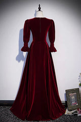 Burgundy Velvet Long Prom Dresses, A-Line Long Sleeve Evening Dresses