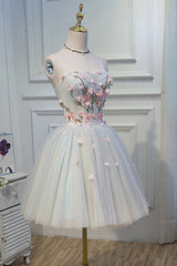 Lovely Strapless Tulle Lace Knee Length Prom Dress, A-Line Party Dress