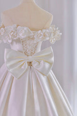 White Satin Long Ball Gown, A-Line Flower Wedding Gown with Bow