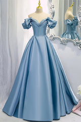 Blue V-Neck Satin Long Prom Dress, Off the Shoulder Evening Dress