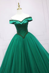 Green Tulle Long A-Line Ball Gown, Off the Shoulder Evening Dress