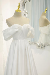 White Satin Long Prom Dress, Off the Shoulder Evening Dress