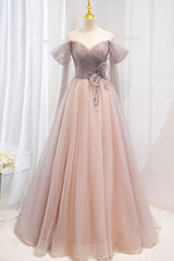 Pink Tulle Beaded Long Prom Dress, Off the Shoulder Evening Dress