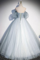 Blue Tulle Long A-Line Prom Dress, Blue Off the Shoulder Evening Dress