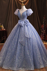 Blue Tulle Sequins Long Prom Dress, A-Line Evening Gown with Bow