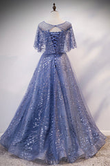 Blue Tulle Sequins Long Prom Dress, A-Line Blue Evening Dress