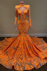 Hot Orange High neck Long Sleeves Mermaid Sequin Prom Dresses