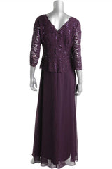 Two-Piece Plum Purple Long Sleeve Long Mother of the Bride Dress