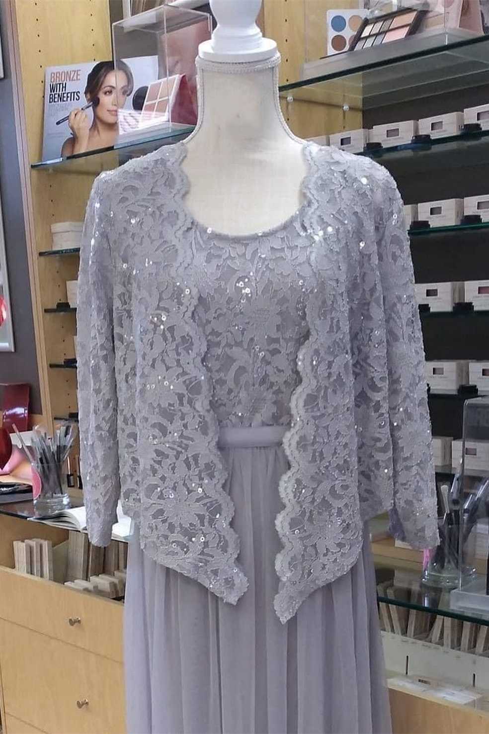 Two-Piece Grey Lace Chiffon Round Neck A-Line Formal Dress with Cardigan