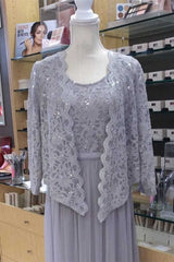 Two-Piece Grey Lace Chiffon Round Neck A-Line Formal Dress with Cardigan