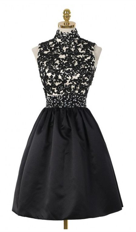 A-Line High Neck Open Back Above-Knee Black Homecoming Dress 2024 with Lace Sequins