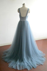 Simple gray blue tulle long prom dress, evening dress