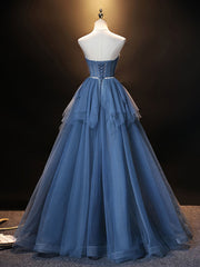 Blue Sweetheart Neck Tulle Long Prom Dress, Blue Evening Dress