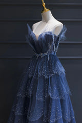 Blue Tulle Beaded Long Senior Prom Dress, A-Line Blue Formal Dress