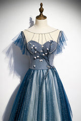 Blue Tulle Long Prom Dresses, A-Line Formal Evening Dresses