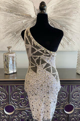 White One Shoulder Beaded Sheath Homecoming Dress with Wing