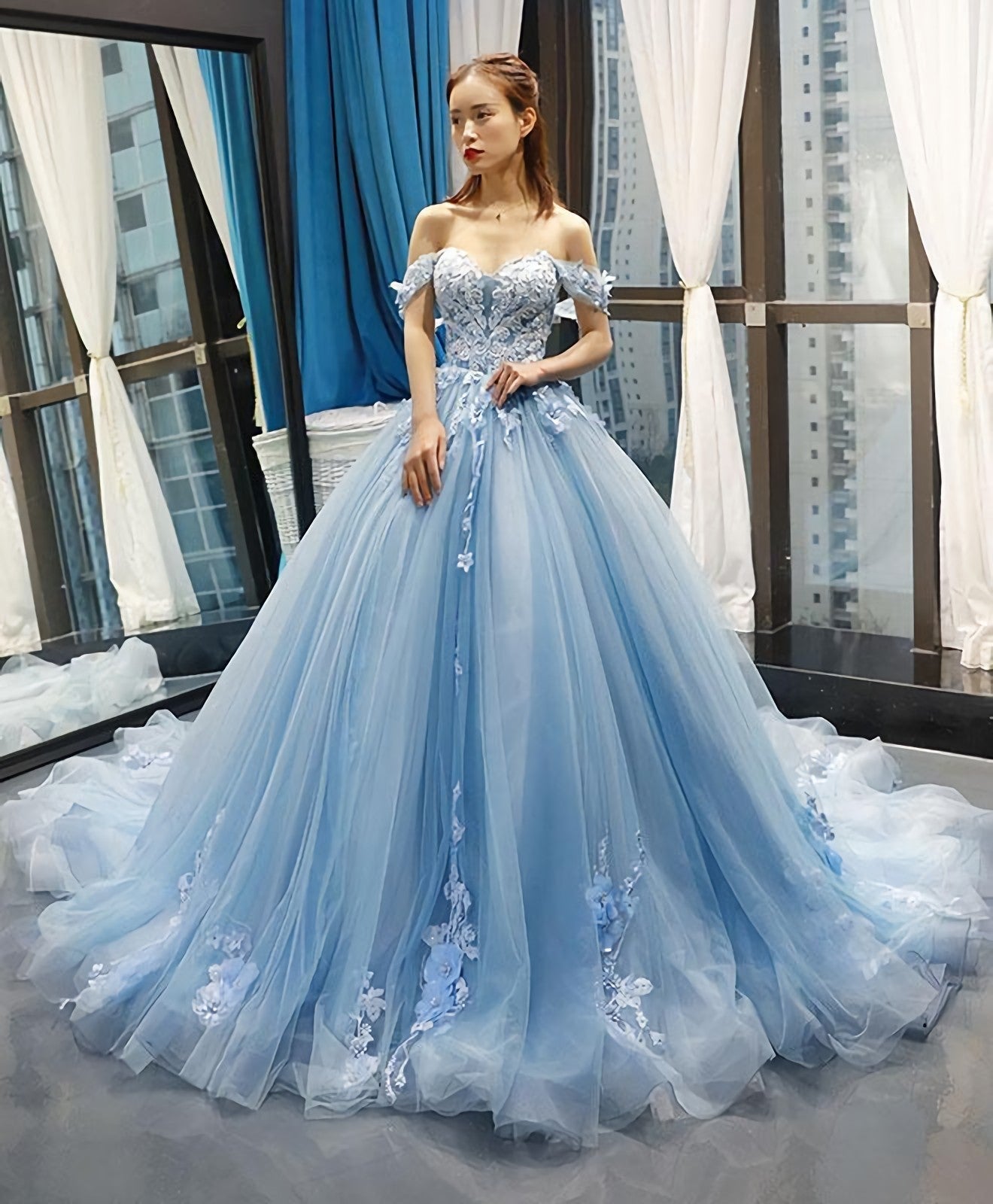 Blue Off Shoulder Tulle Lace Long Prom Gown Blue Evening Dress