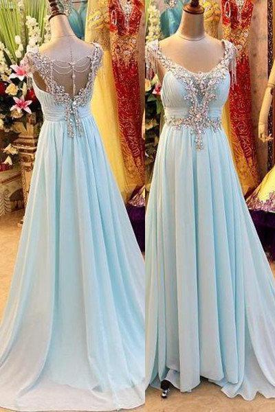 A-Line/Princess V-Neck Sleeveless Sweep/Brush Train Chiffon 2024 Blue Prom Dresses